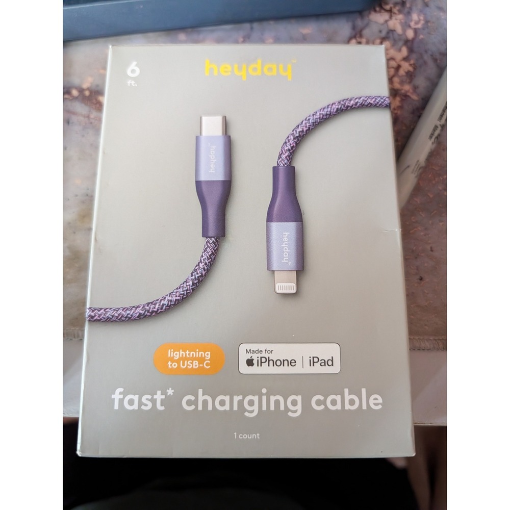 heyday Lightning to USB-C Fast Charging Cable 6ft Purple NIB Braided Durable